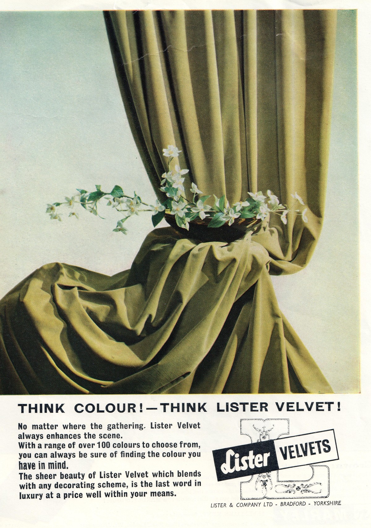 Advertisement for velvet curtains made by Lister & Co. of Bradford, England (1961; TRC 2018.2688).