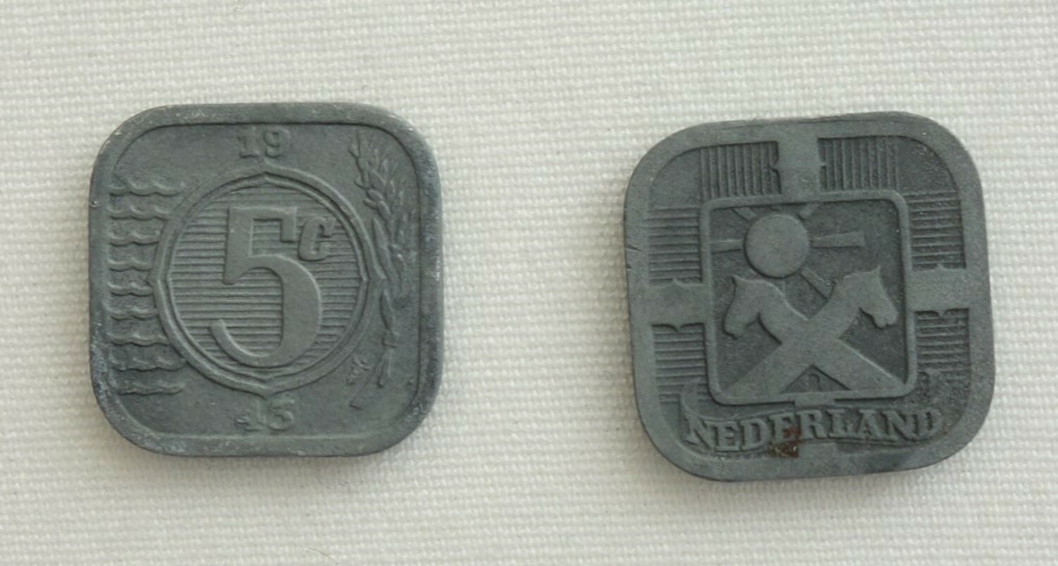 Zinc coin issued by the Mint in Utrecht in the Netherlands in 1941 under Nazi command (TRC 2020.1132e). Zinc coins replaced silver coins in 1941; the silver was used for the German war industry. 2020.1132e 2