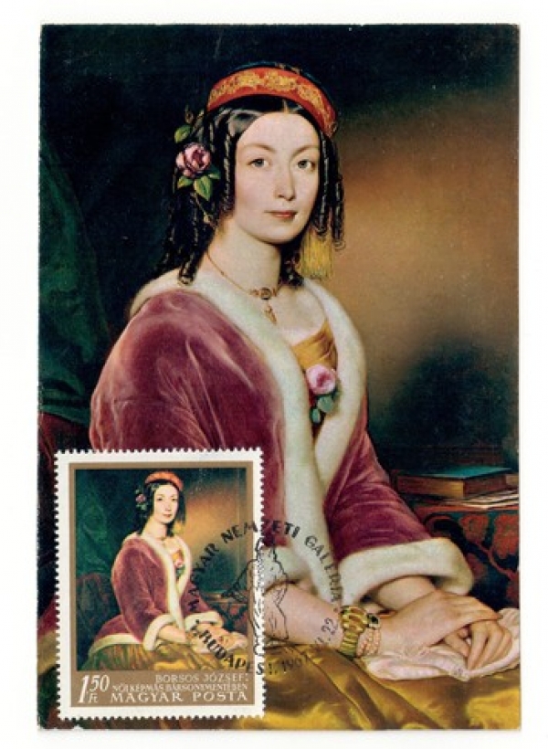 Postcard with a nineteenth century painting of a woman wearing a velvet jacket, with a stamp depicting the same painting.