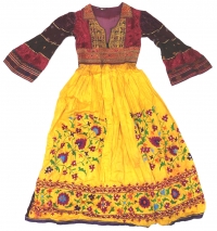 Dress made from an Hazara dress bodice from Afghanistan and a skirt made from an Uzbek suzani (needlework), sold in the 1970s under a Dutch designer's label.