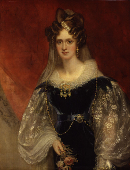 Queen Adelaide wearing blonde lace, by Sir William Beechey.