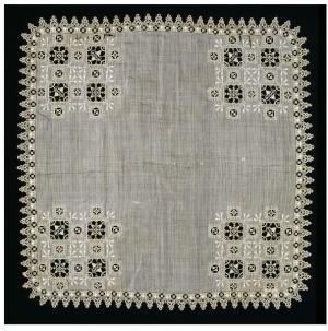 Linen hardkerchief, with cutwork, needle lace and embroidery. c. 1600, Italy