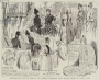 Exhibition and sale of work of the Donegal Industrial Fund, Spencer House, St James's Place, wood engraving for The Graphic, 4th June 1887.