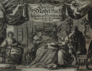 Frontispiece of Paulus F&uuml;rst's embroidery model book, with five women in a domestic scene with two men spying upon them.