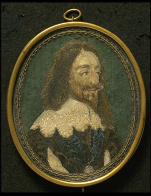 Embroidered picture of Charles I, based on engraving by Wenceslaus Hollar, England, 17th century.