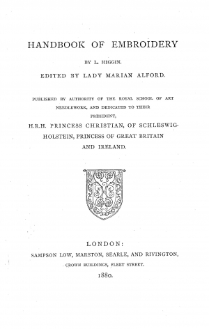 Title page of Miss Letitia Higgin's Handbook of Embroidery, 1880.