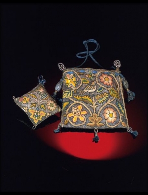 Early 17th century purse and pin cushion from England.