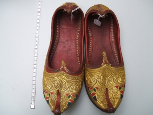Pair of gold embroidered Afghan shoes, late 20th century.