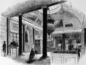 Engraving from 'London', by Charles Knight, showing the India Museum in East India House, Leadenhall Street, in 1843. To the left is Tipu Sultan's men-eating tiger automaton.