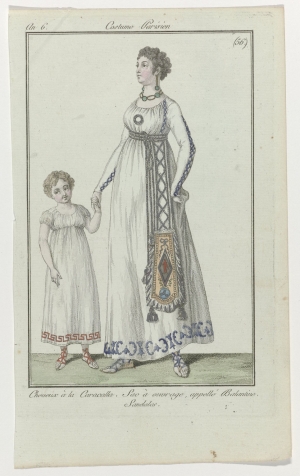 Fashion drawing of a Lady carrying a decorated balantine handbag, late eighteenth century.