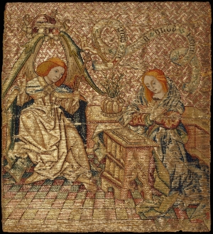 Embroidery with the Annunciation, or nu&eacute;, The Netherlands ?, 15th century.
