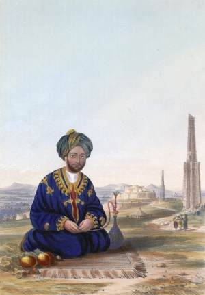 "Hyder Khan, the Governor of Ghuznee." Coloured lithograph by E. Walker (d. 1882), based on James Rattray (1818-1854) and on an original drawing in the Keane collection.