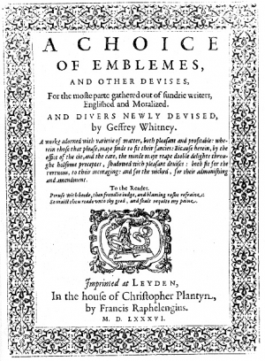 Cover page of 'A Choice of Emblemes. ..,' by Geoffrey Whitney, Leiden 1586.