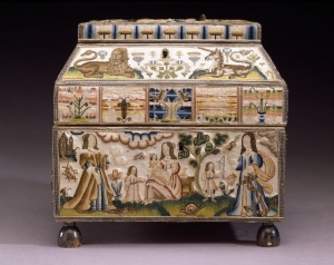 Casket embroidered by Martha Edlin in c. 1671, England.