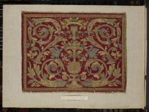 Apparel, probably from Spain, first half 16th century. Silk satin embroidered with coloured silk, silver and gold threads.