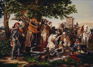 Embroidered picture 'Mary Queen of Scots mourning over the dying Douglas at the Battle of Langside', England, c. 1870.