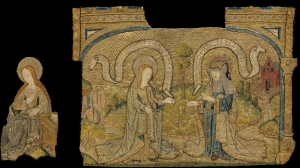 Fragments of an altar frontal showing the Life of the Virgin, worked in 'or nu&eacute;' work, Flemish or English, c. 1500.