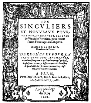 Cover of 1606 edition of 'Les Singuliers et Nouveaux Pourtraicts...' by Federico de Vinciolo (1587).