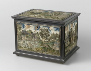 Embroidered casket, English, c. 1650.