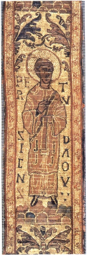 Fragment from the maniple from St. Cuthbert's coffin, showing Peter the Deacon. English, early 10th century.