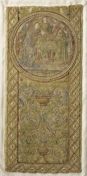 Fragment of an orphrey in 'or nu&eacute;' work, The Netherlands, showing the Presentation of Jesus at the Temple, c. AD 1550.