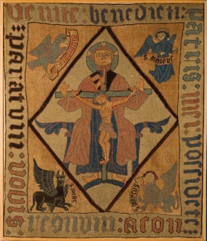 Antependium from Iceland with the Throne of Grace and the symbols for the four evangelists. Iceland, late 16th century.