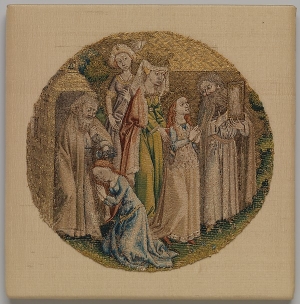 Embroidered picture: 'The Hermit Adrian Shows St. Catherine an Image of Christ and Baptizes her'. Netherlands, c. AD 1430.