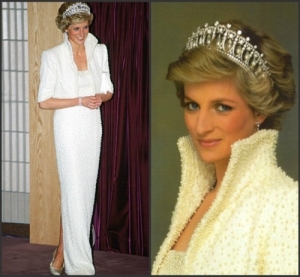 Lady Diana with pearl encrusted dress. Auctioned at Christie's in 1997.