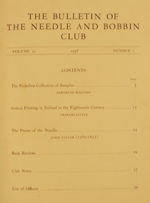 Cover of the Bulletin of the Needle and Bobbin Club, 1938.