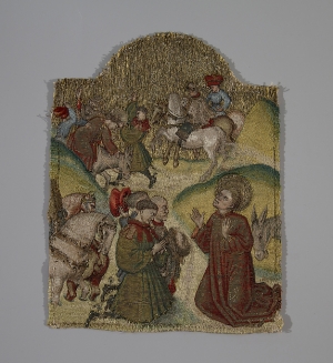 Early 15th century or nu&eacute; embroidered panel repesenting Saint Martin and the Repentant Horsemen.