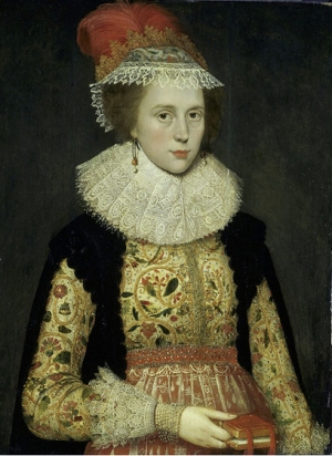 Margaret Layton, c. 1620, wearing a jacket with Jacobean work, portrayed by Marcus Gheeraerts the Younger ((1561&ndash;1636).