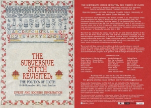 The Subversive Stitch Revisited. The Politics of Cloth. Announcement for a 2013 event in the Victoria and Albert. Museum,  exploring the legacy of Rozsika Parker's book The Subversive Stitch.