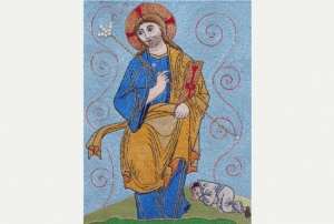 Recreation of embroidery design of St. Dunstan (?), by Helen West, 2014.