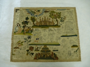 Embroidered picture showing scenes from the Biblical story of Abraham and Hagar. England, c. AD 1660.