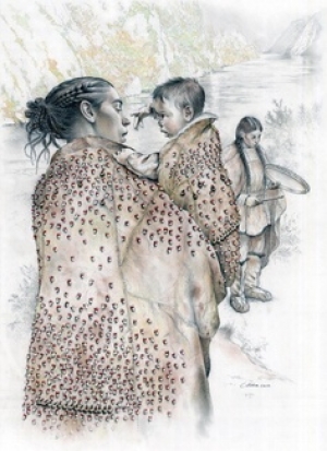 Reconstruction of excavated cloak from Vlasac, Serbia, c. 7th millennium BC.