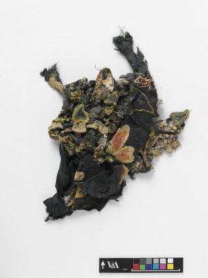 Entangled strips of silk embroidered with floral design, Dunhuang, China, 9th-10th centuries.