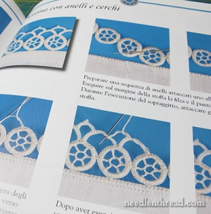 Hedebo rings, page taken from Mary Corbet's Needle 'n Thread, and the book Guida al Ricamo Hedebo.