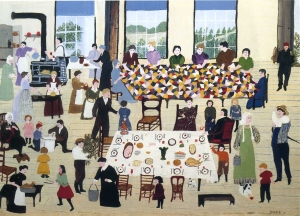 Painting The Quilting Bee, by Grandmother Moses, mid-20th century, USA.