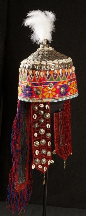 Turkmen girl's headdress decorated with cowrie shells, Afghanistan, late 20th century.