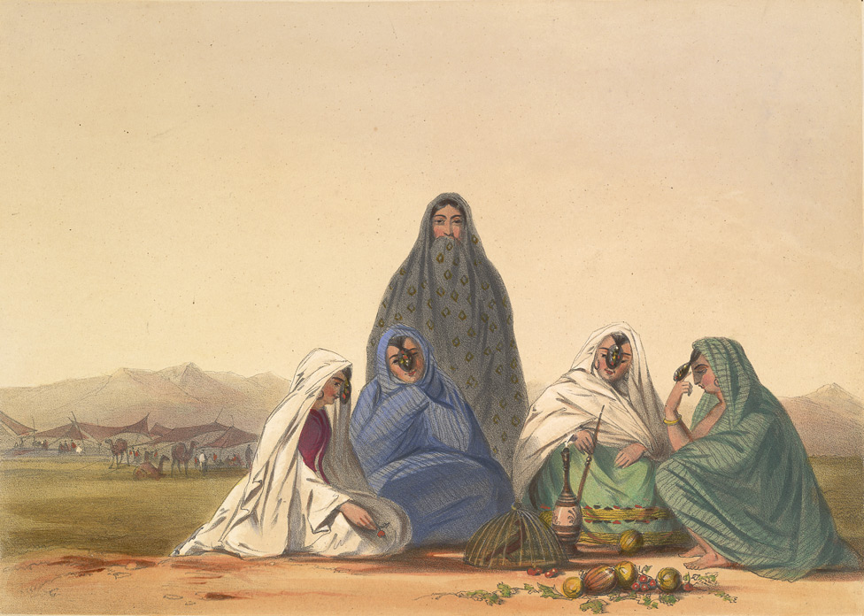 "Ghiljie women in the lower orders.” Coloured lithograph by Robert Carrick, after James Rattray. Plate VI in Rattray 1847/1848. Original size: 17,9 x 25.1 cm