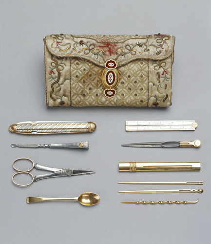 Needlework pocket-book with sewing tools, probably decorated by Queen Charlotte and given in 1781 to Mary Delany. Courtesy Royal Collection Trust, RCIN 45126.