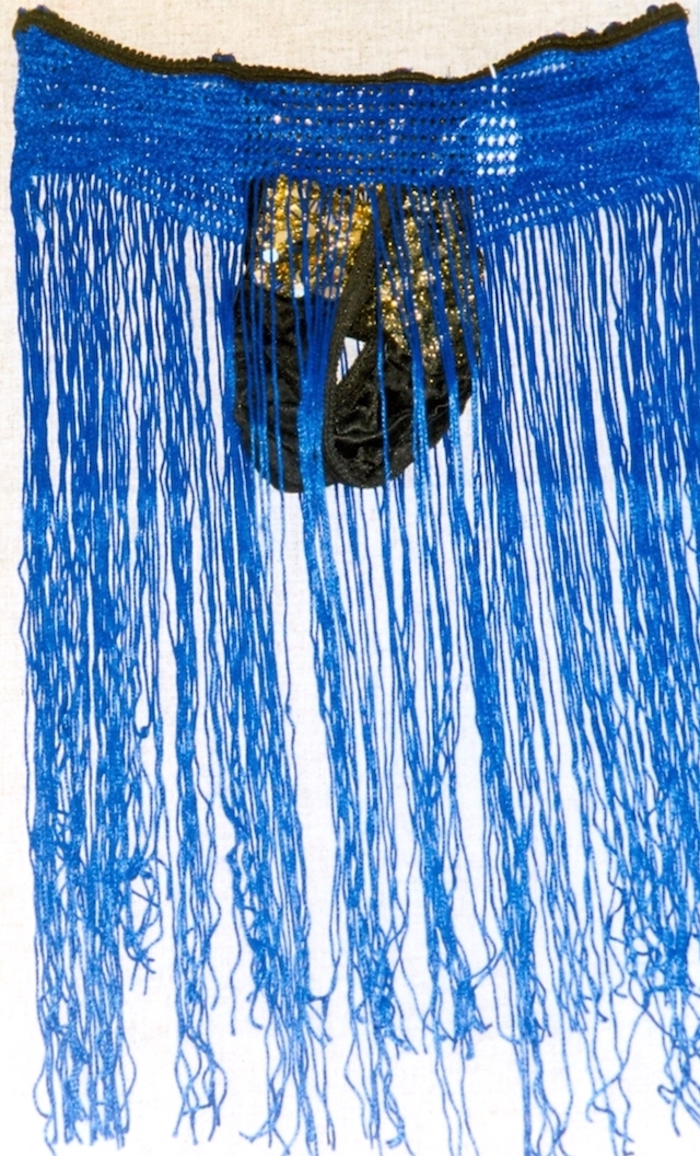 Pair of underwear with a long, blue fringe and gold-coloured material with sequins. Cairo, Egypt, 1995 (TRC 1997.0119b).