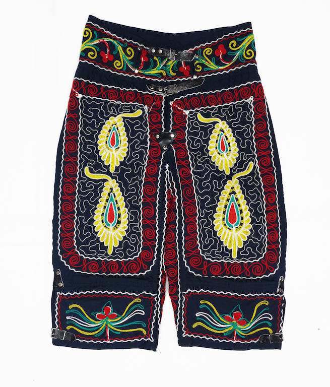 Wrestler's trousers from Iran (zurkhaneh), Tabriz, late 20th century, with buteh motifs (TRC 2000.0025). For a TRC YouTube film, click on the illustration.