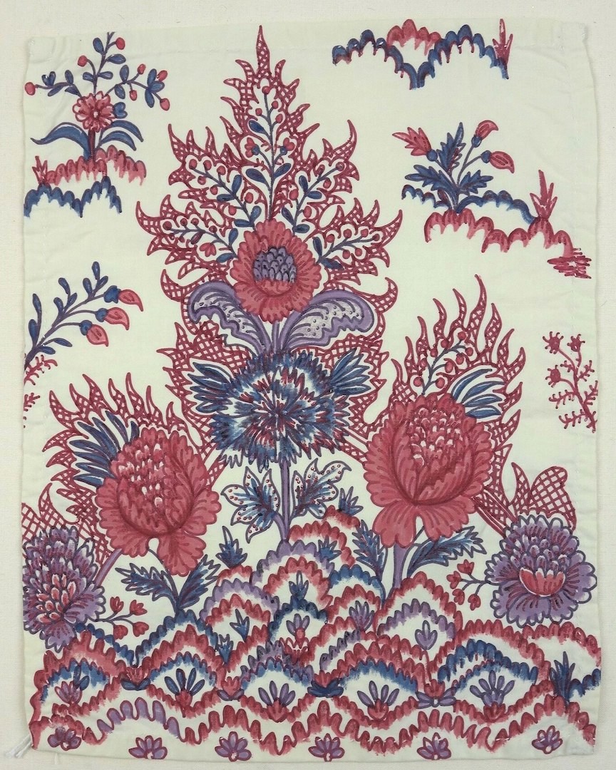 Chest panel for a woman's outfit from the island of Marken, the Netherlands, hand painted in the style of Indian chintz, mid-20th century (TRC 2010.0493). Chintz cloth (called sits in Holland) was imported, and then exported, in large quantities from India from the 17th century, influencing local Dutch clothing, such as that from the Frisian town of Hindelopen and the island of Marken. 