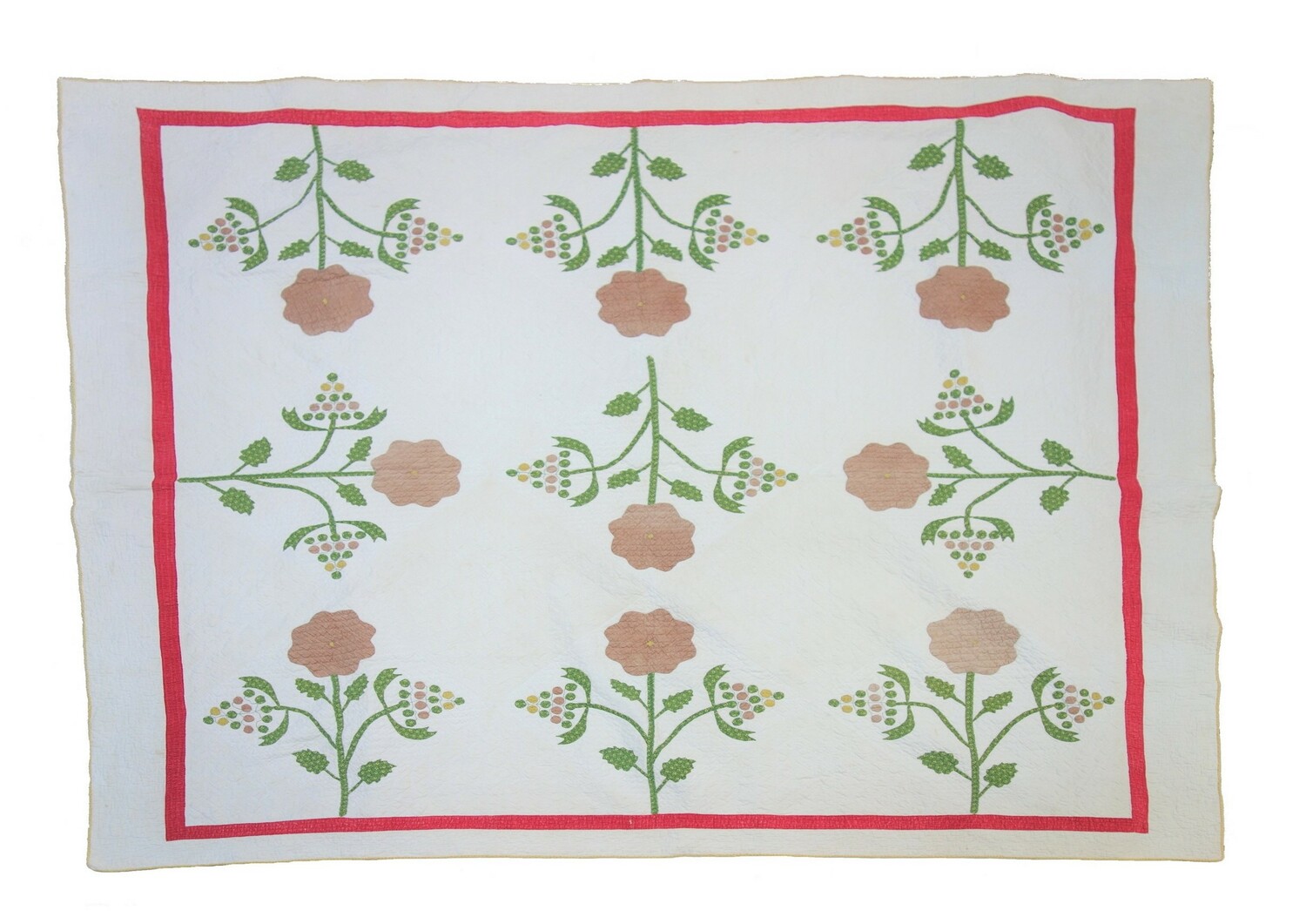 Quilt with an appliqué design of large, stylised flowers and leaves in various materials. USA, 1850s-1860s (TRC 2019.2402).