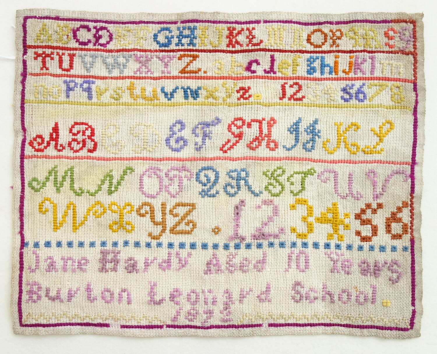 Sampler made by Jane Hardy at Burton Leonard, Yorkshire, in 1872 (TRC 2020.1606).