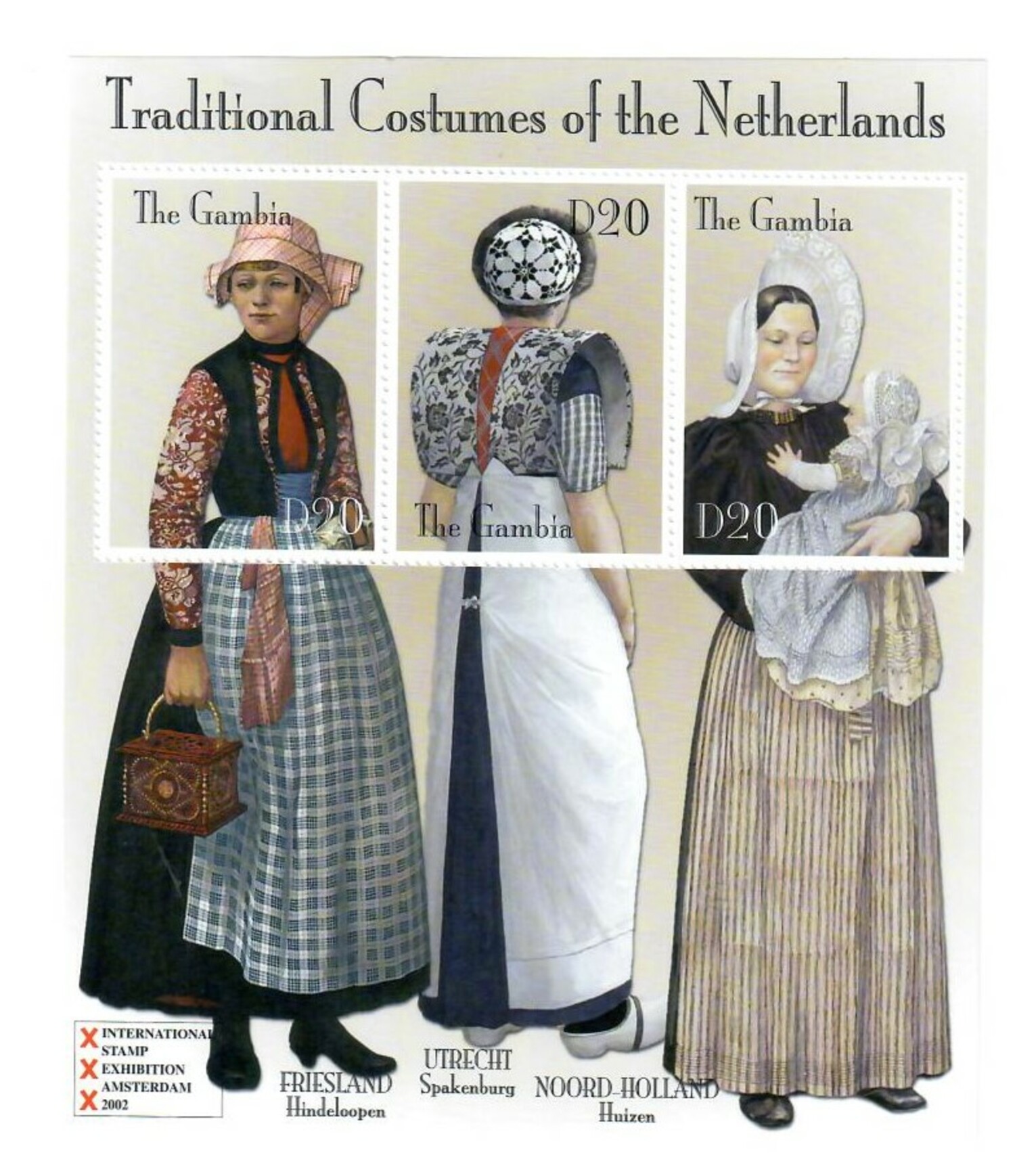 Set of three stamps depicting traditional costumes of the Netherlands, the Gambia, 2002 (TRC 2021.0692).