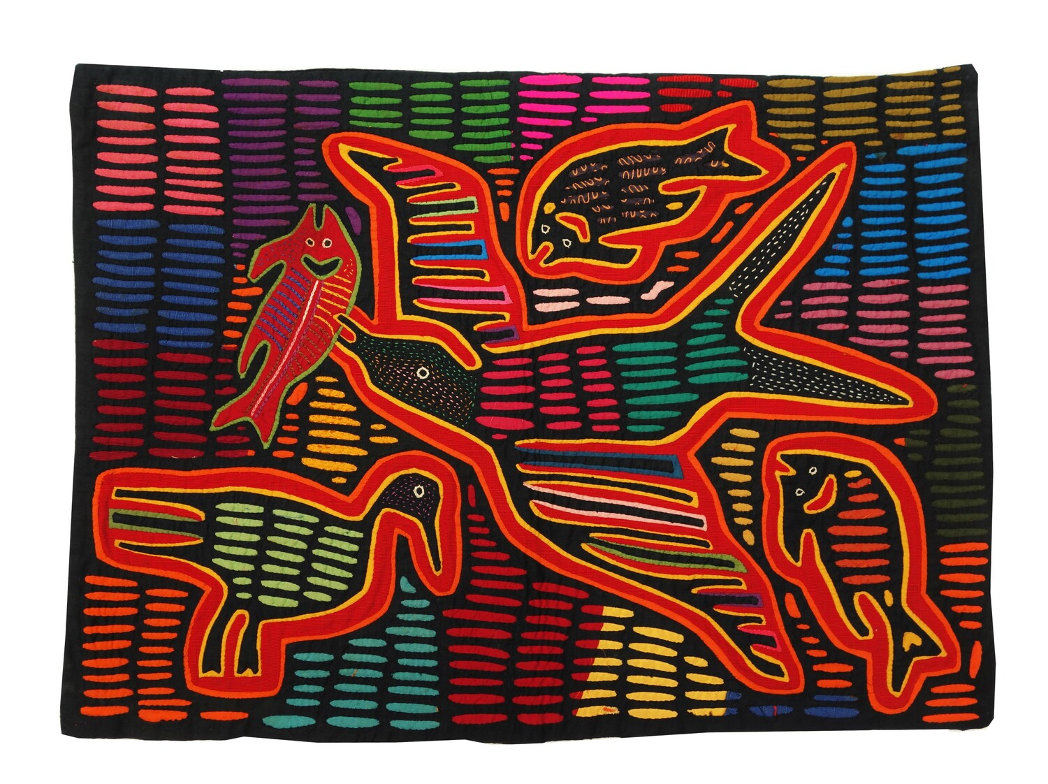 Fig. 1. A colourful panel of handmade mola embroidery depicting two birds holding a fish in their talons on a red background. Panama, late 20th century (TRC 2021.1910).