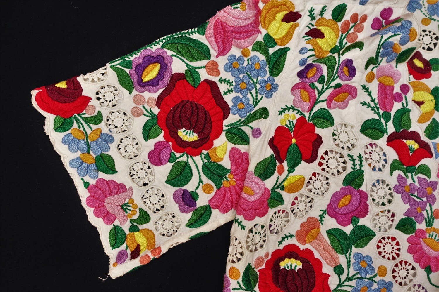 Detail of an embroidered woman's waistcoat, Kalocsa, Hungary, mid-20th century (TRC 2022.0450).