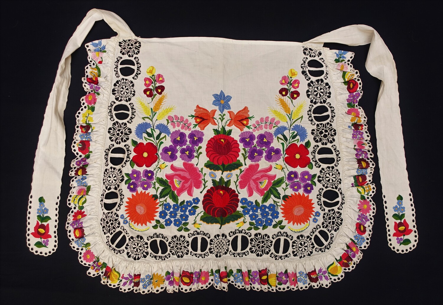 Fig. 7 twentieth-century, Hungarian apron embroidered with floral motifs in drawn thread work. (TRC 2022.0451).